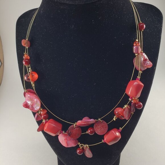20'-inch Multi-Strand Illusion Necklace – Gold & Red Seashell Beads w/ Earrings - Picture 12 of 12